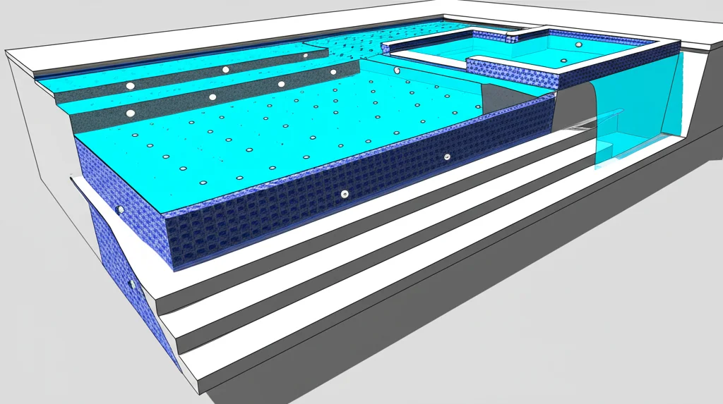 Detailed 3D rendering showcasing the layered design of a custom pool, highlighting the underwater lighting system, integ
