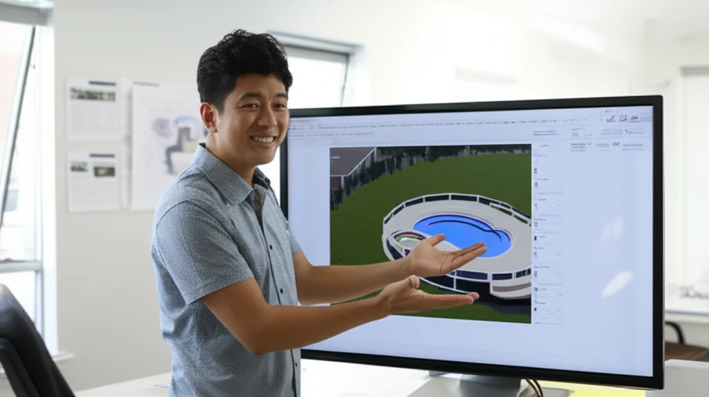 A friendly pool designer smiling and gesturing at a large touchscreen displaying a rotating 3D model of a custom pool de