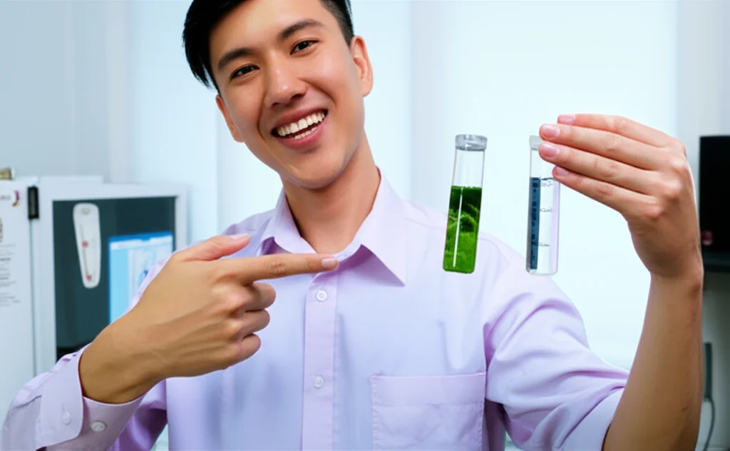 A technician in professional uniform smiling and pointing to a water sample, comparing a vial of green, algae-filled wat