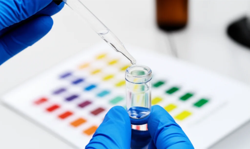 Close-up shot of a technician's gloved hand carefully adding reagent drops to a water sample during an alkalinity test,