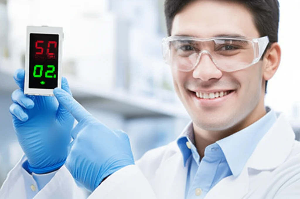 Technician wearing safety glasses, smiling and pointing to a digital display showing optimal alkalinity levels in a lab