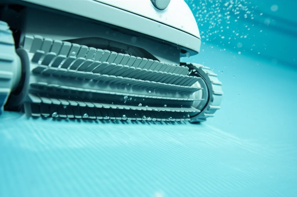 Close-up shot of a robotic pool cleaner efficiently scrubbing the bottom of a pool, with small bubbles rising around it.