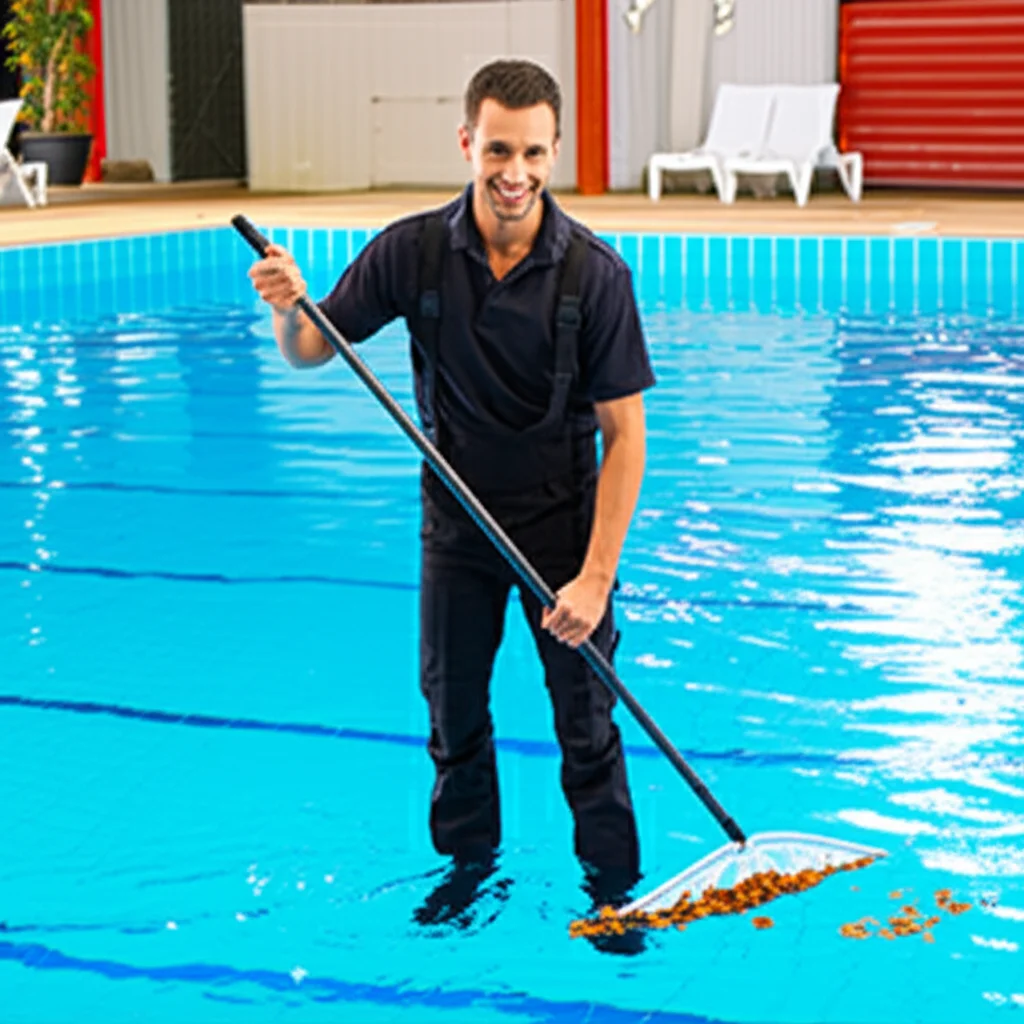 A friendly, uniformed technician using a long-handled net to carefully remove leaves and debris from a swimming pool, ma