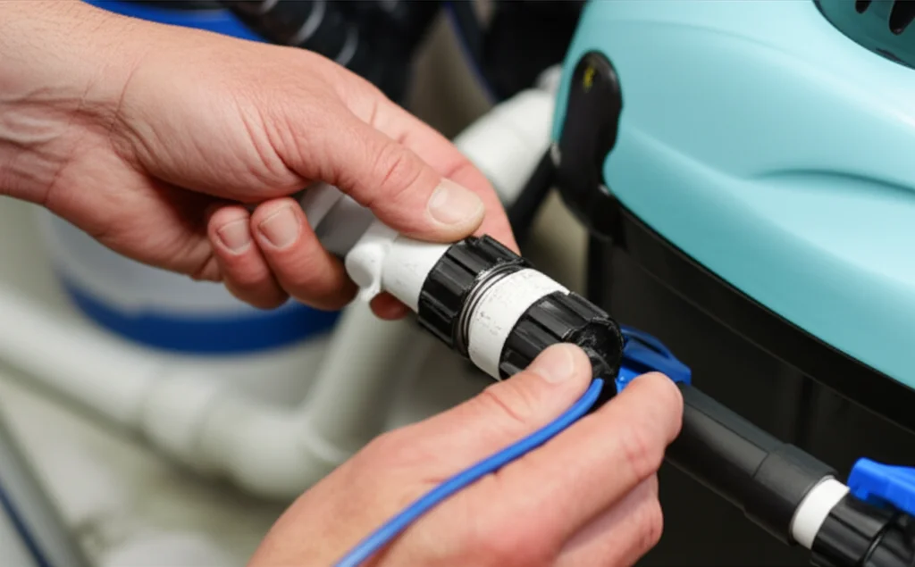 Close-up, slightly low-angle shot of a professional technician expertly connecting the plumbing of a chlorinator system