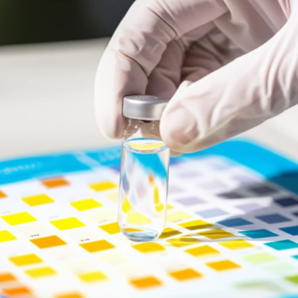 Close-up photo of a gloved hand carefully holding a vial of pool water being tested against a color-coded chlorine testi