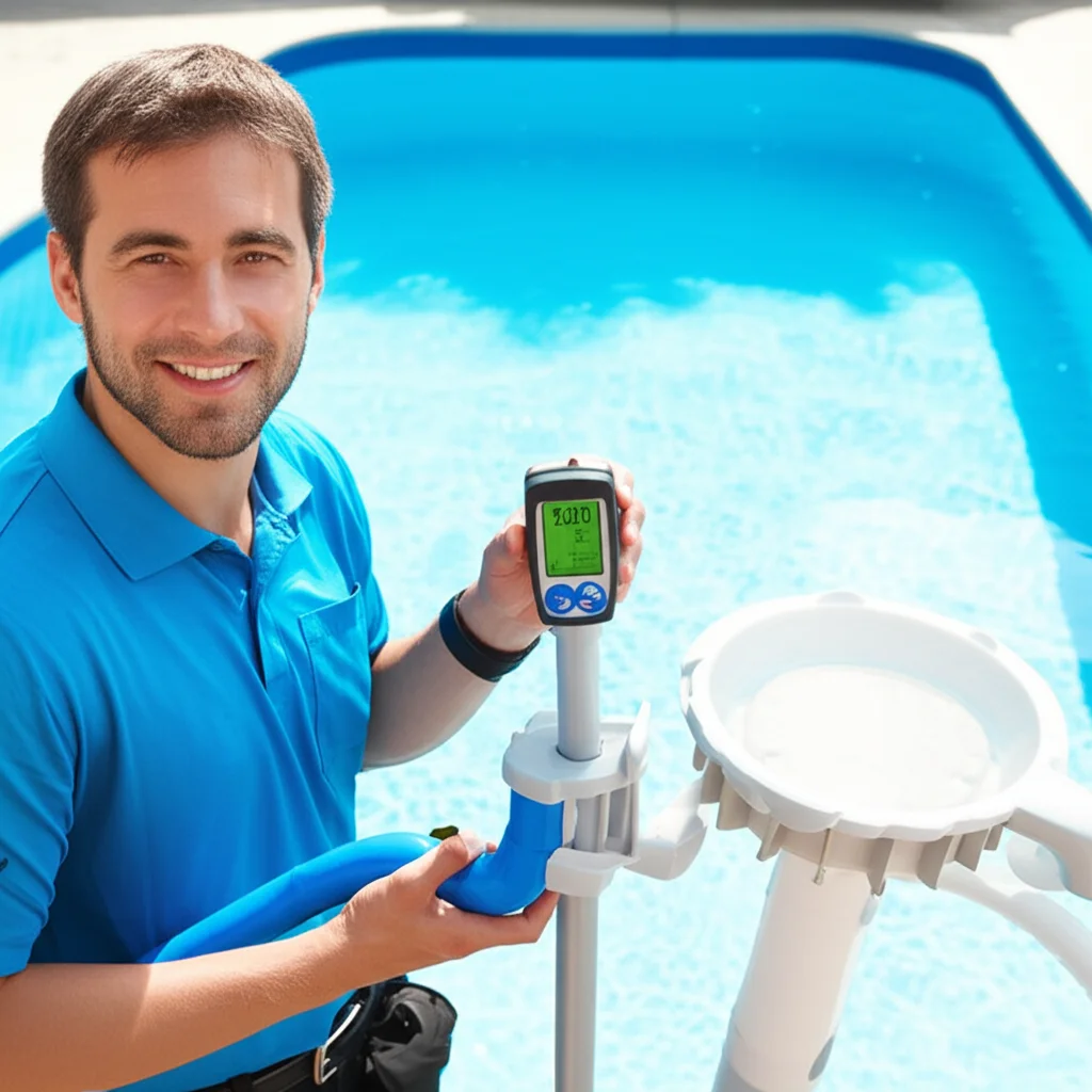 Friendly pool technician in clean uniform holding up a digital chlorine reader displaying optimal levels, standing next