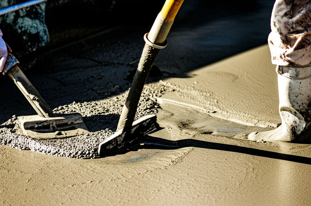 Close-up shot of skilled construction workers meticulously pouring and smoothing concrete for a pool shell, using specia