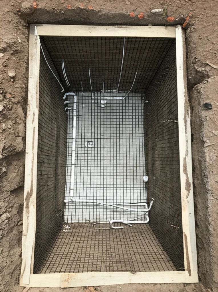 An aerial perspective showing a completed pool under construction, showcasing the steel rebar grid, plumbing lines and c