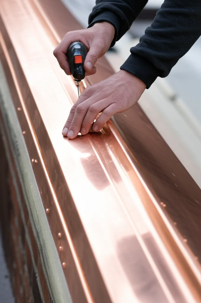 Close-up shot of a skilled technician using specialized tools to precisely secure a section of copper coping onto a para