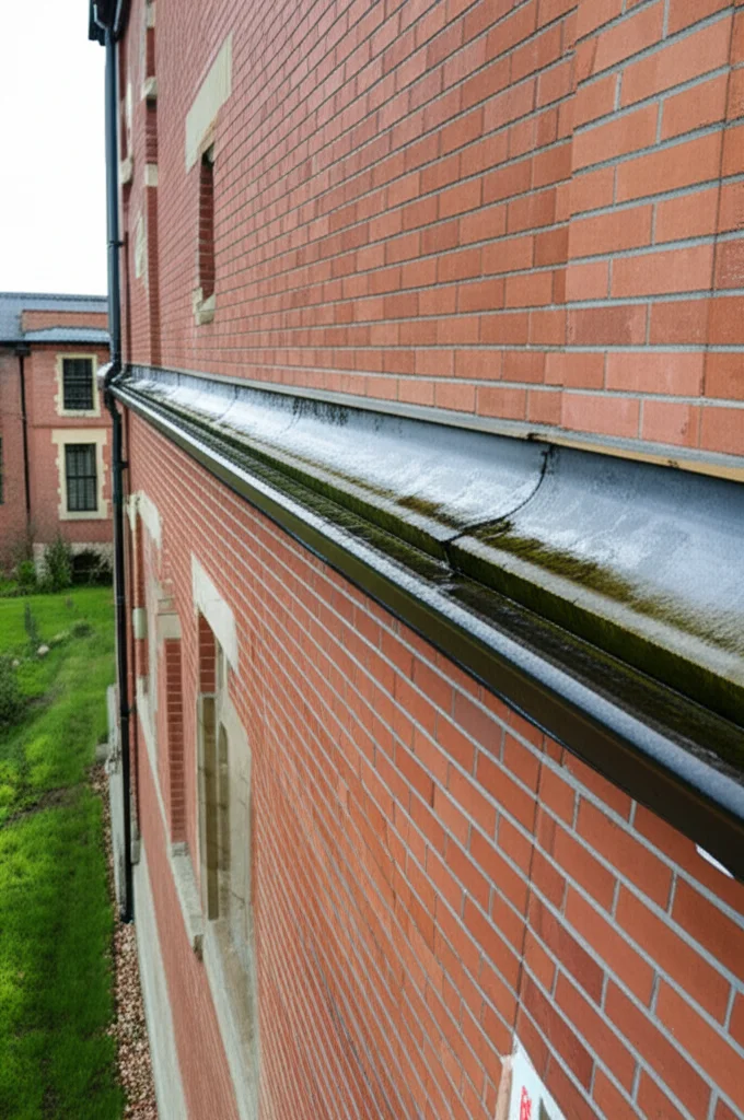Side view of a stately brick building with expertly replaced coping. Rainwater is visibly channeled away from the buildi
