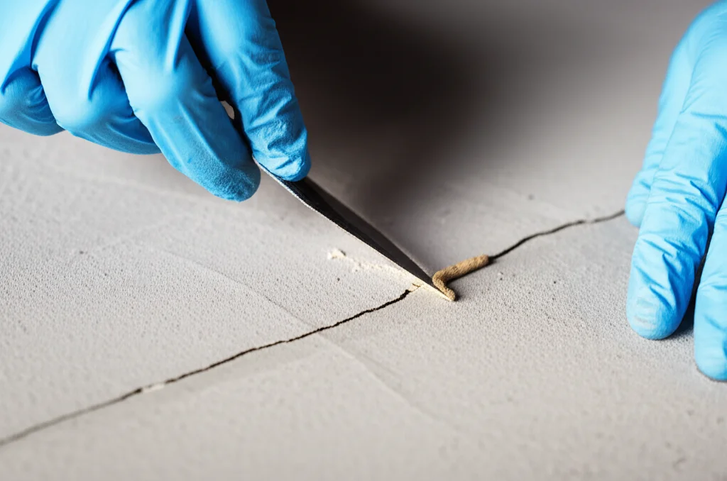 Close-up shot focusing on a skilled technician meticulously applying crack filler to a fine hairline crack in concrete,