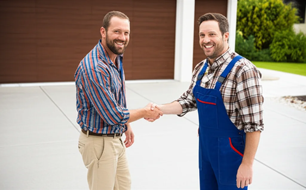 Medium shot of a homeowner smiling and shaking hands with a technician next to a newly repaired concrete driveway, showc