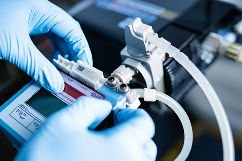 Close-up shot of gloved hands calibrating a digital peristaltic pump, connected to a chemical feed line. Focus on precis
