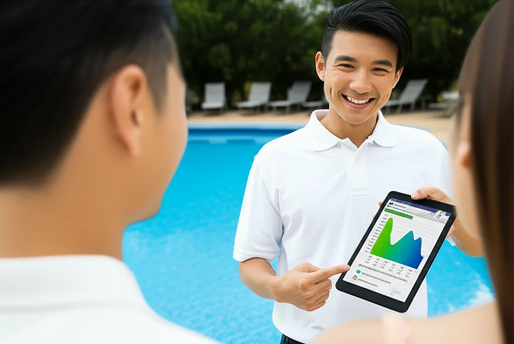 Technician in a clean uniform, smiling and pointing to a tablet showing a graphical representation of optimal chemical l