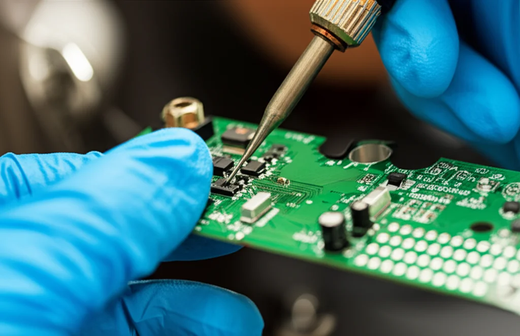 Extreme close-up shot of a technician's gloved hands delicately soldering a tiny component onto a circuit board of an ox