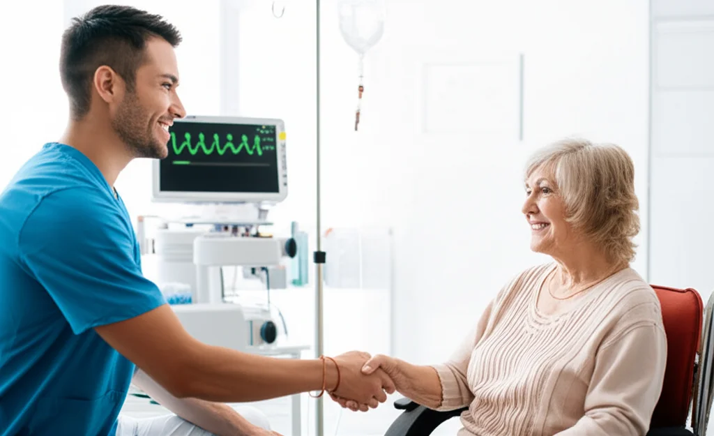 Smiling technician handshakes the hand of a grateful elderly woman in a bright, clean hospital room, newly repaired medi