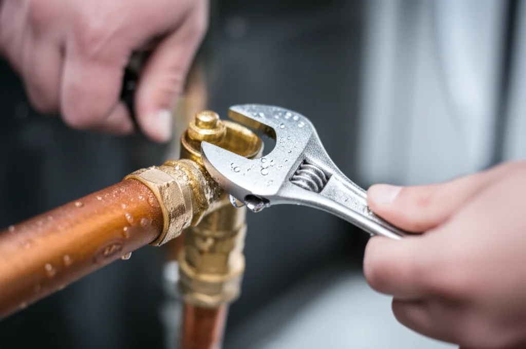 Close-up, slightly blurred action shot of a plumber's hands skillfully tightening a pipe fitting with a wrench, water dr