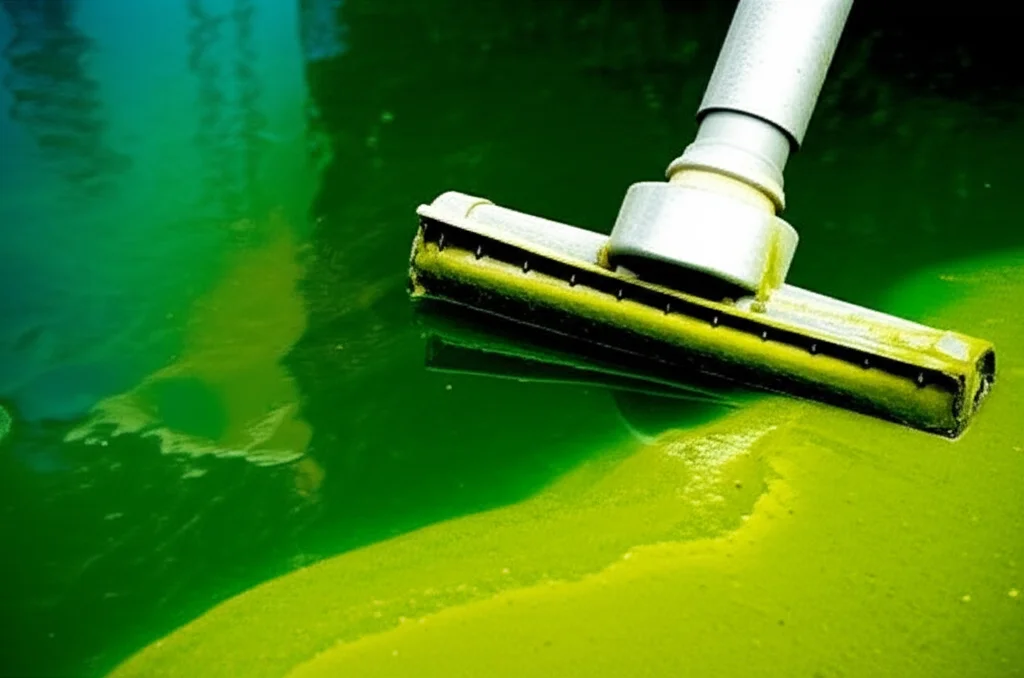 Close-up shot of a powerful, industrial-grade pool vacuum efficiently removing thick green algae from the bottom of a mu