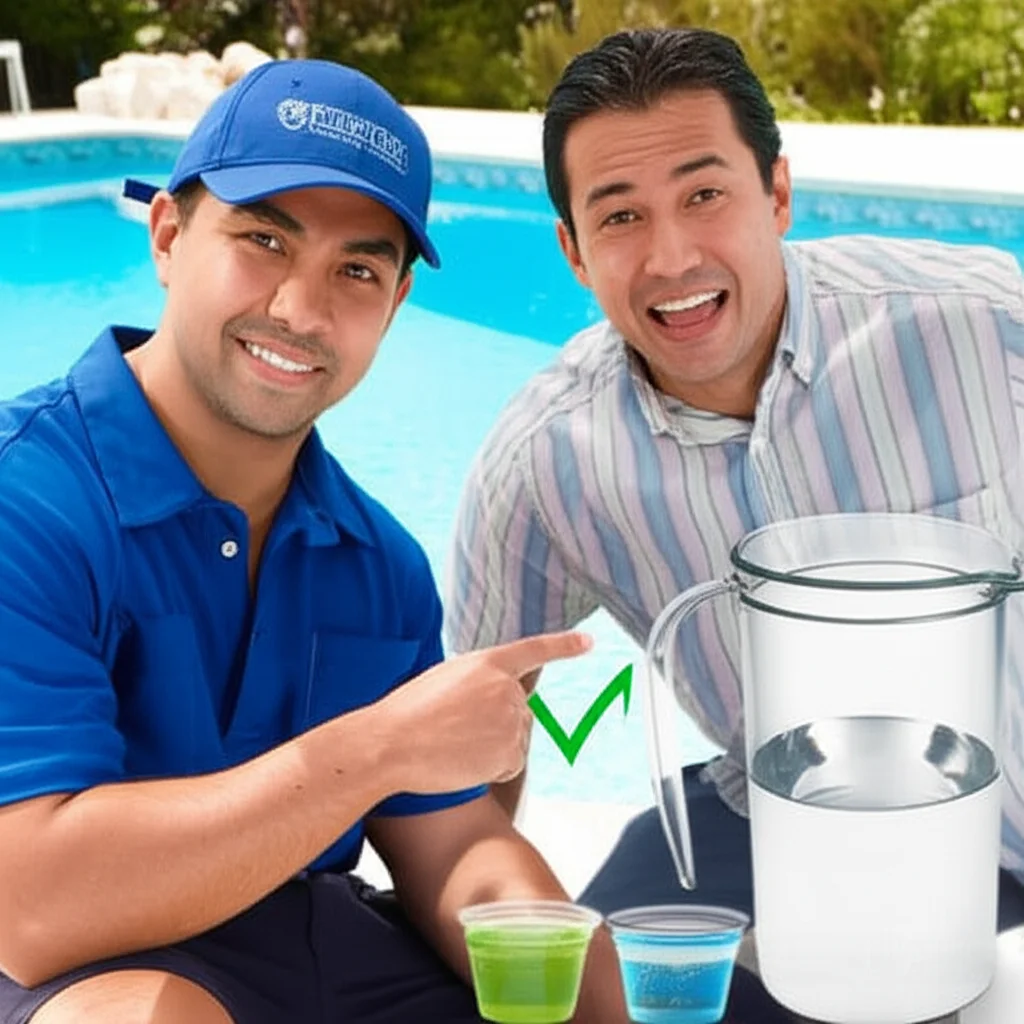 A uniformed pool technician reassuringly showing a relieved homeowner the results of the emergency cleaning a before-and