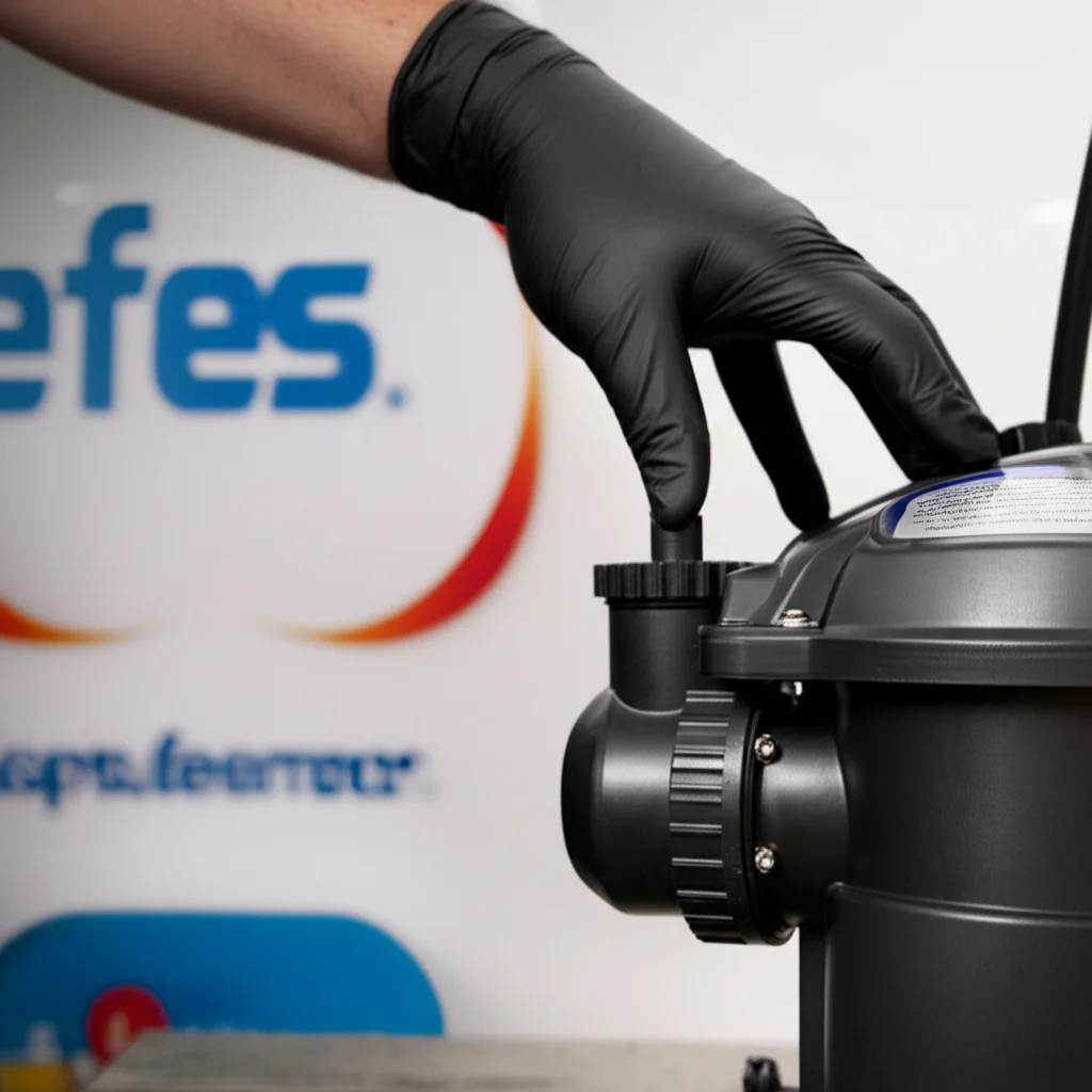 Close-up of a gloved hand carefully installing a variable-speed pool pump, showcasing the precision and modern design of