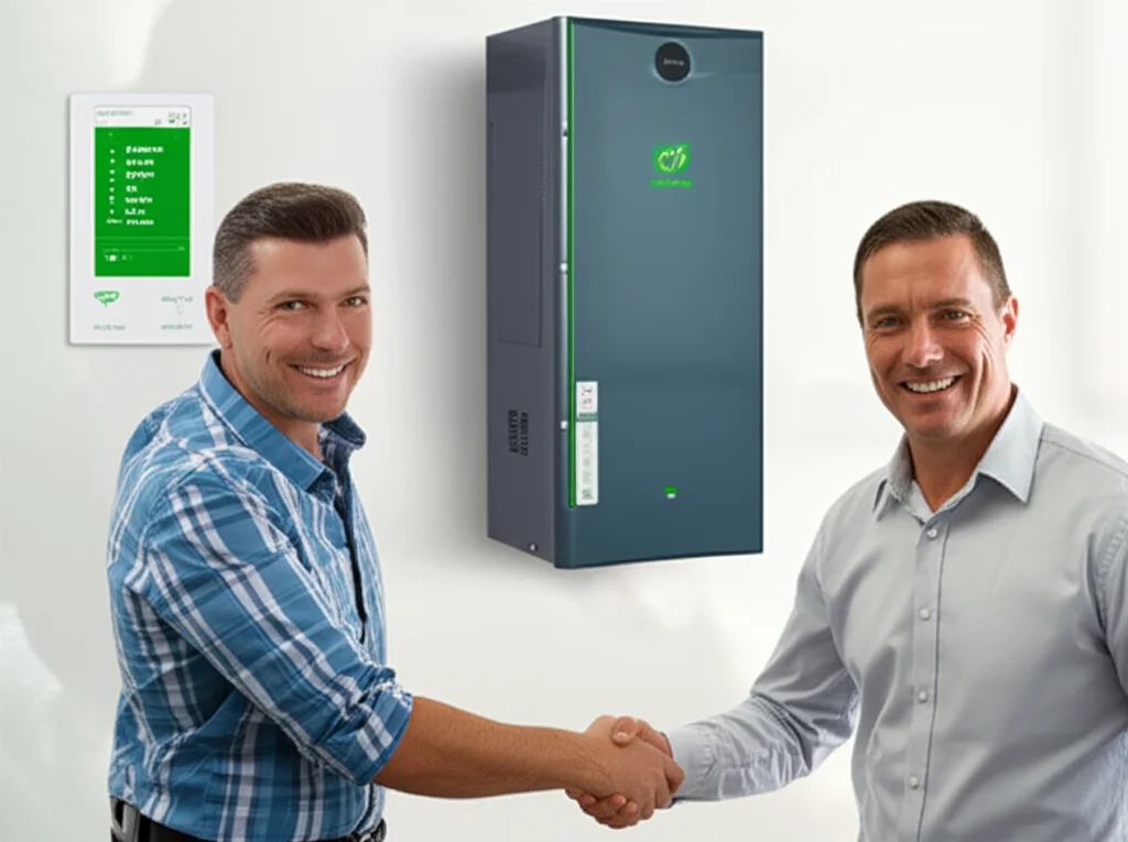 A smiling homeowner shaking hands with a technician next to a new, eco-friendly pool heater. In the background, a smart