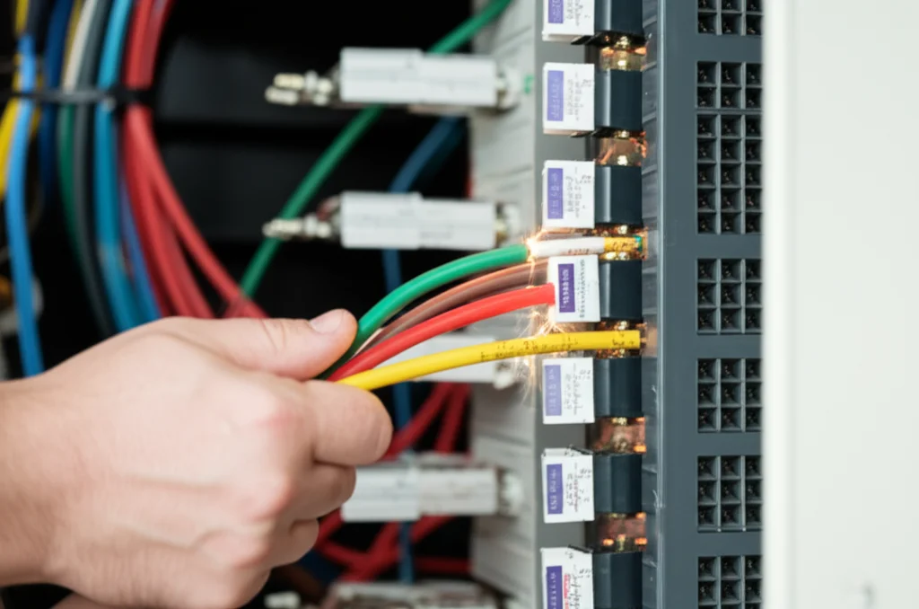 Close-up image of a technician's hands connecting power cables to a complex piece of industrial equipment. Sparks fly sa