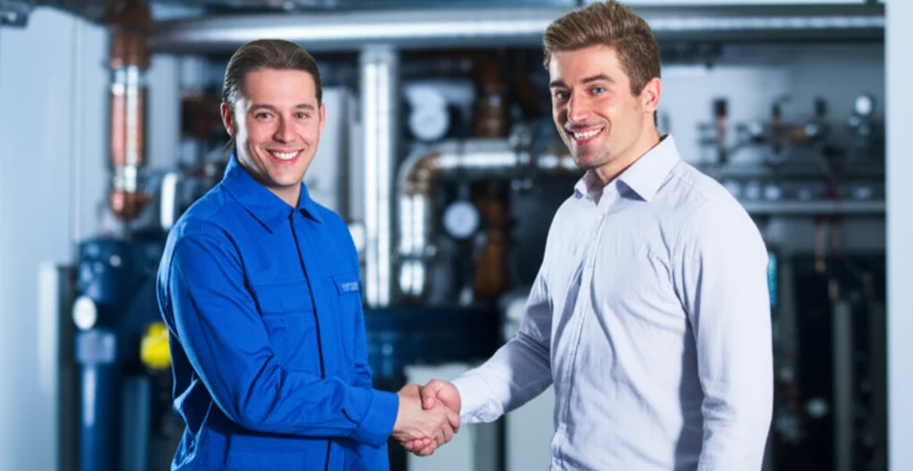 Medium shot of a technician shaking hands with a happy client in front of the newly commissioned equipment, both smiling