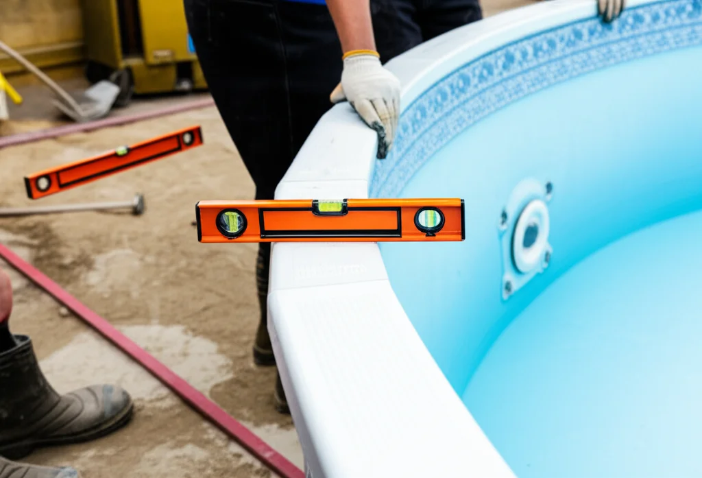 Close-up, slightly angled view of skilled construction workers carefully smoothing and leveling the ground around a part