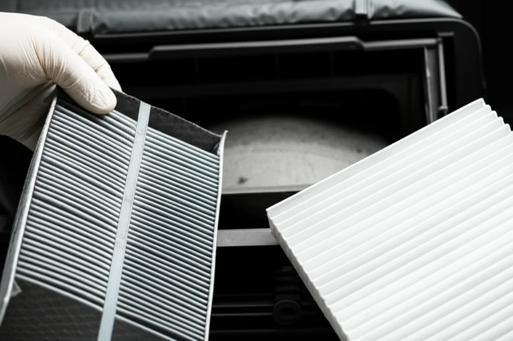 Macro shot of a technician's gloved hand carefully removing a used, visibly dirty air filter from its housing, contrasti