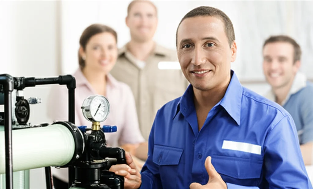 Smiling technician in a branded uniform inspecting a pressure gauge on a water filtration system, giving a thumbs-up of