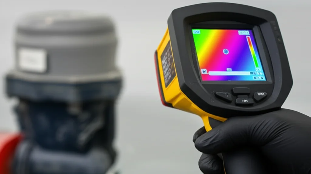 Close-up shot of a technician's gloved hands expertly using a specialized thermal imaging camera to diagnose a frozen po