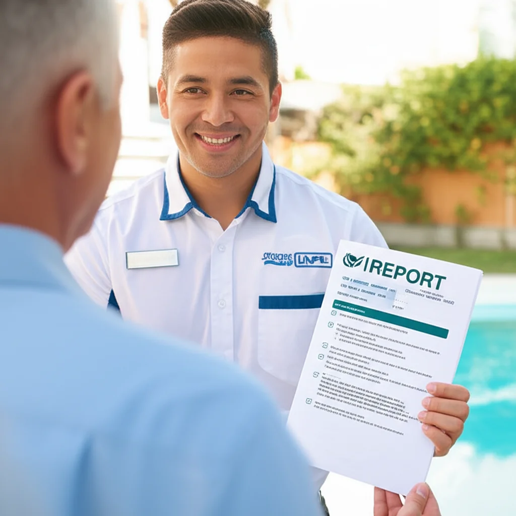 A friendly technician in a branded uniform, smiling, handing a homeowner a detailed report explaining the repaired pool