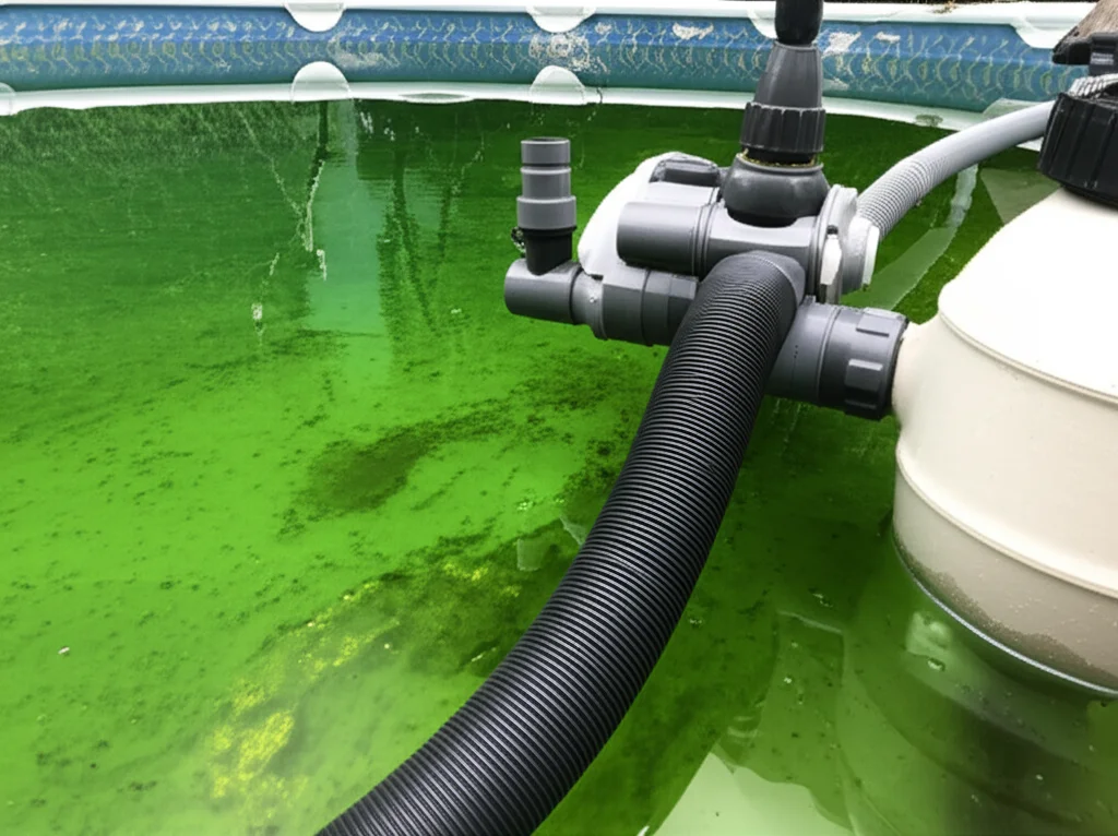 Close-up shot of specialized pool cleaning equipment in action, effectively removing algae and debris from a green swimm