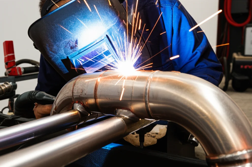 Close-up shot of a skilled technician expertly welding a section of pool heating system piping, sparks flying under a pr