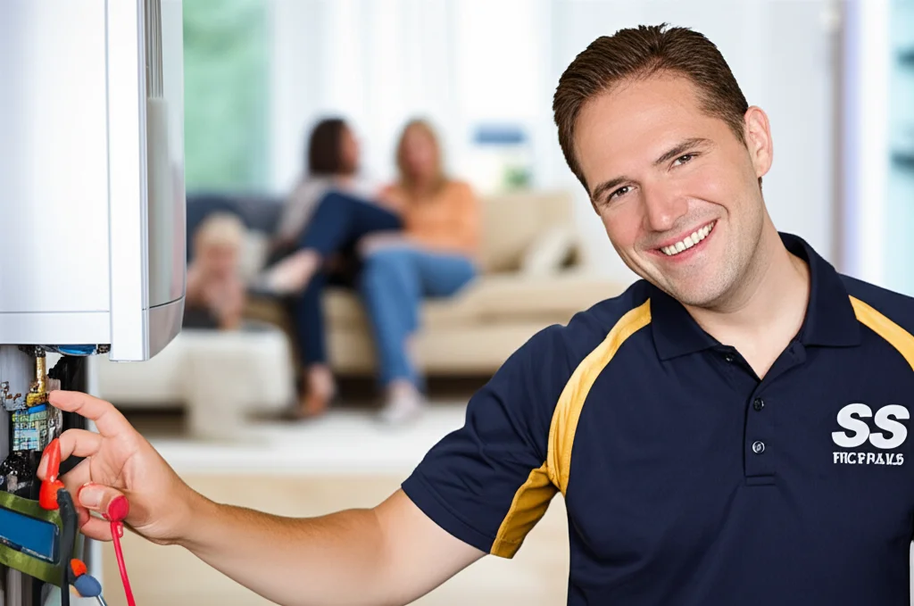 A smiling technician, in branded uniform, pointing to a data readout from a diagnostic tool connected to a home heater.