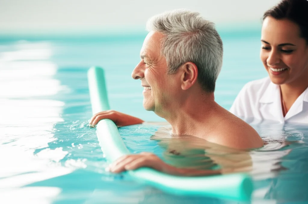 Side profile of a senior citizen smiling contentedly while gently exercising in a hydrotherapy pool, guided by a therapi