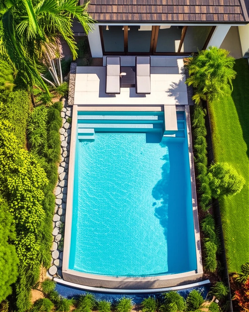 Aerial view of a completed infinity edge pool integrated into a lush, landscaped backyard, highlighting its seamless con