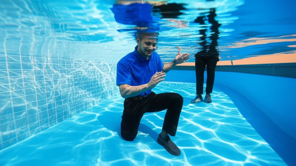 Shot from inside the pool, looking up at a smiling, uniformed technician patiently explaining pool safety and maintenanc