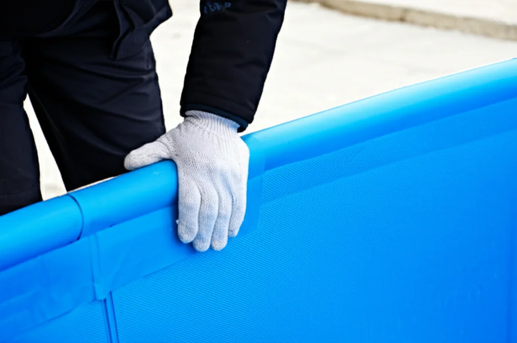 Close-up shot of a professional installer carefully smoothing out the liner of a kiddie pool, ensuring a wrinkle-free an