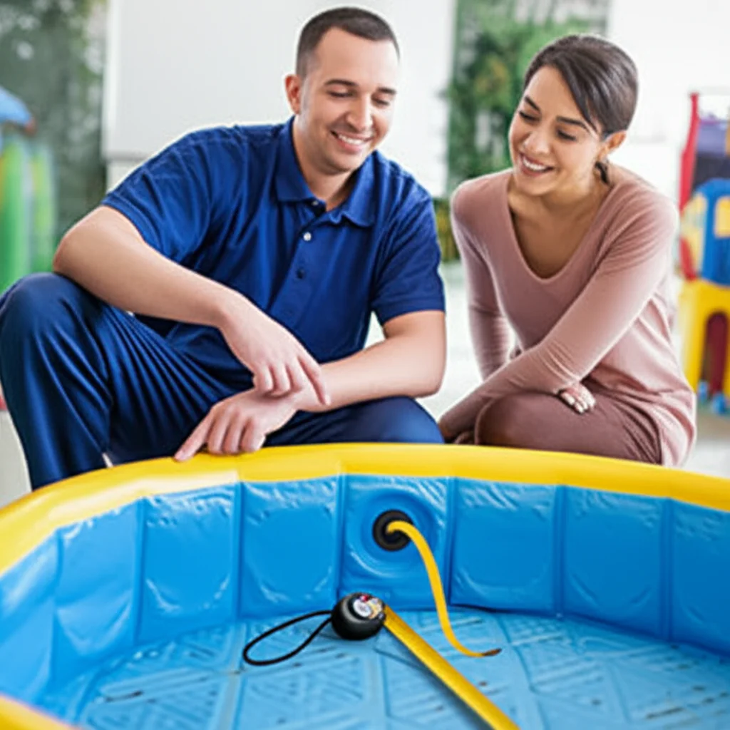 Medium shot of a certified technician kneeling beside a partially inflated kiddie pool, demonstrating safety features (l