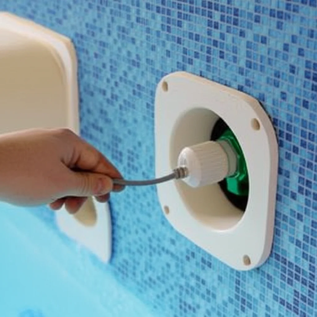 Close-up detail shot of a waterproof LED light fixture being carefully installed in the niche of a swimming pool wall, s