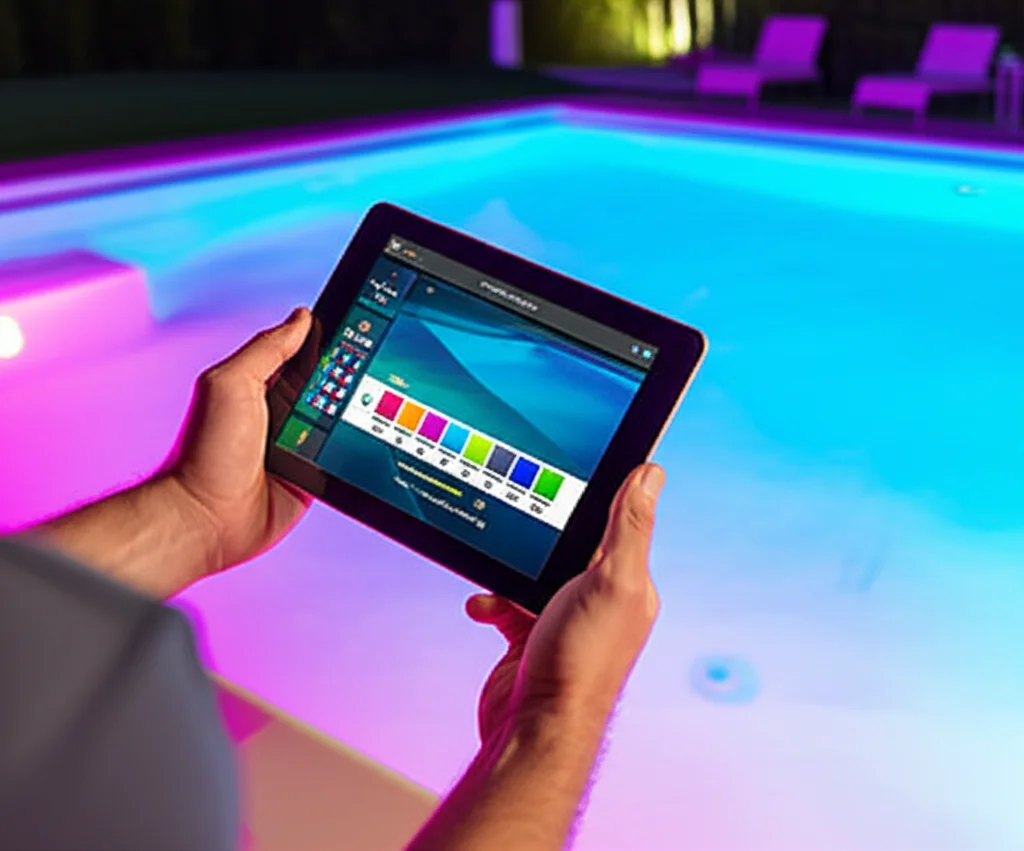 A technician using a tablet to remotely control and customize the color scheme of underwater LED pool lights, displaying