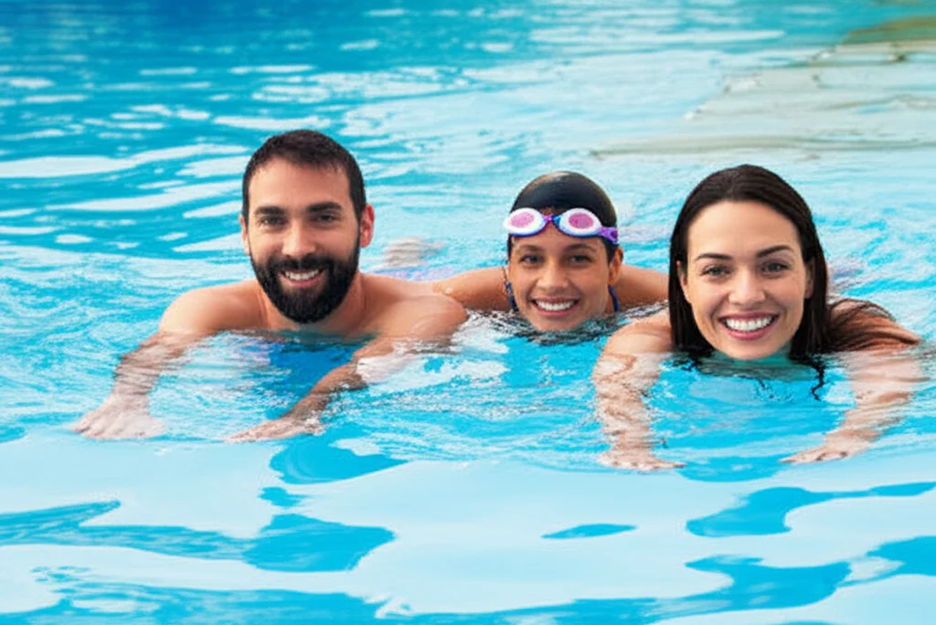 Medium shot of a smiling family (father, mother, and child) happily swimming laps in their newly installed lap pool. The
