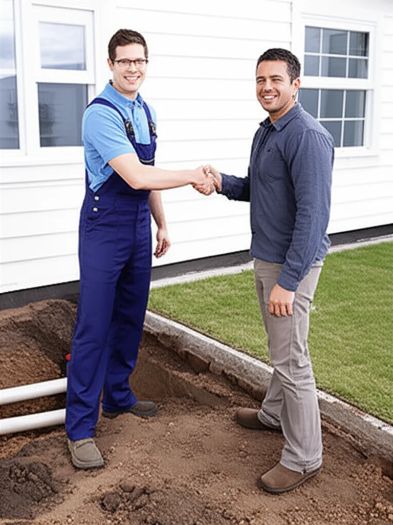 Technician shaking hands with a smiling homeowner next to a recently excavated area, repaired piping visible, emphasizin