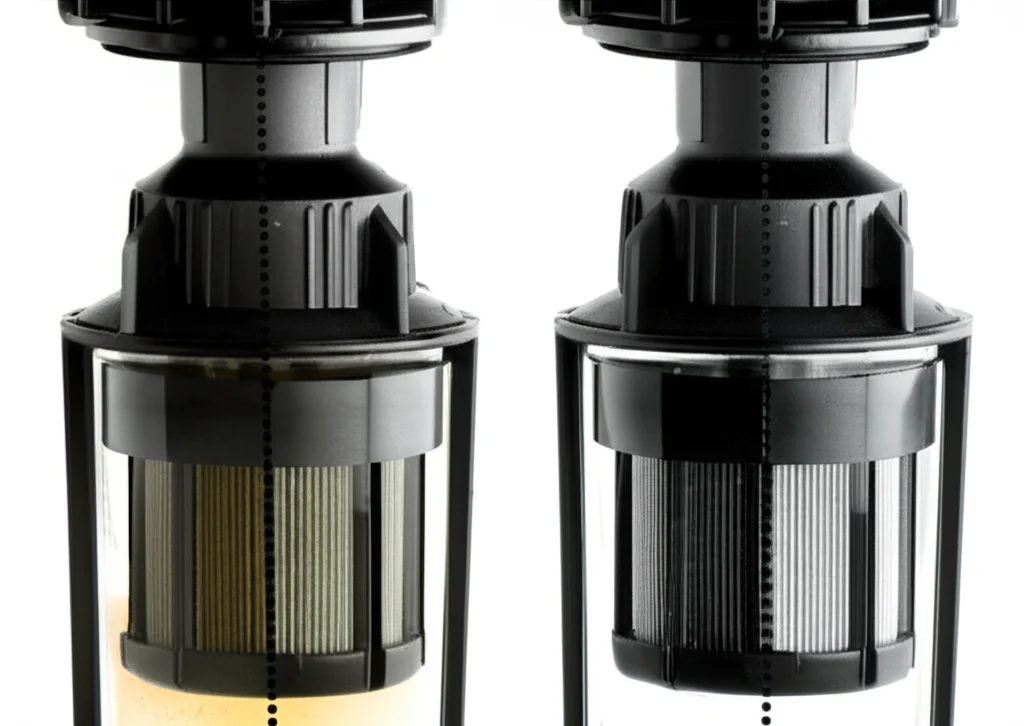 Macro shot of a specialized filtration system effectively removing tiny metal particles from a sample of pool water, sho