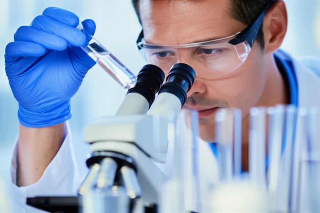 A close-up of a technician meticulously examining a pool water sample with laboratory equipment, highlighting their expe
