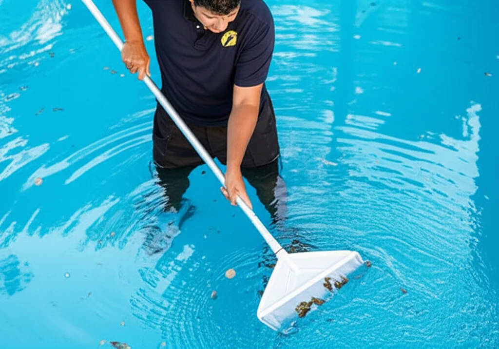 Action shot of a pool technician meticulously skimming leaves and debris from the surface of a pool with a long-handled