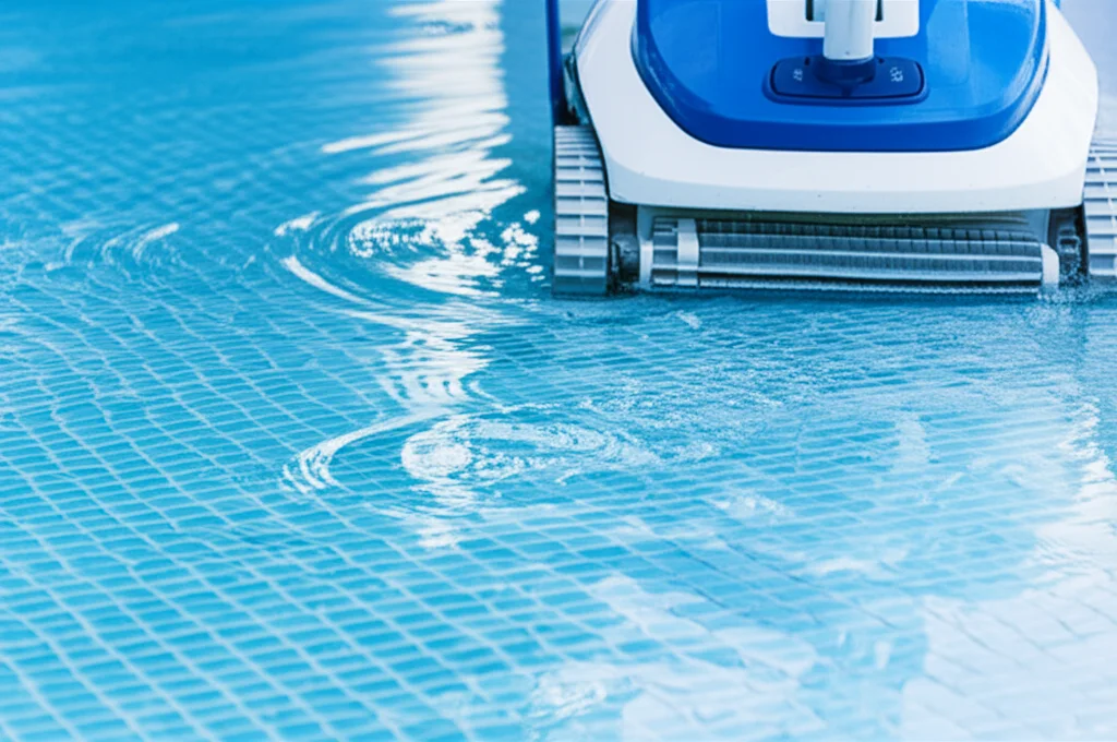 Close-up shot of a robotic pool cleaner meticulously scrubbing the pool floor, leaving behind a trail of sparkling water