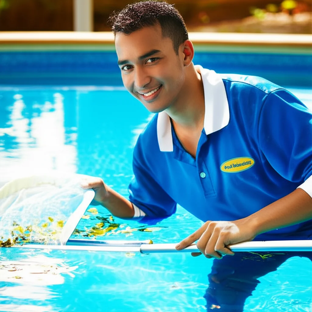 Warm, inviting image of a smiling pool maintenance technician in a branded uniform carefully skimming leaves from the po
