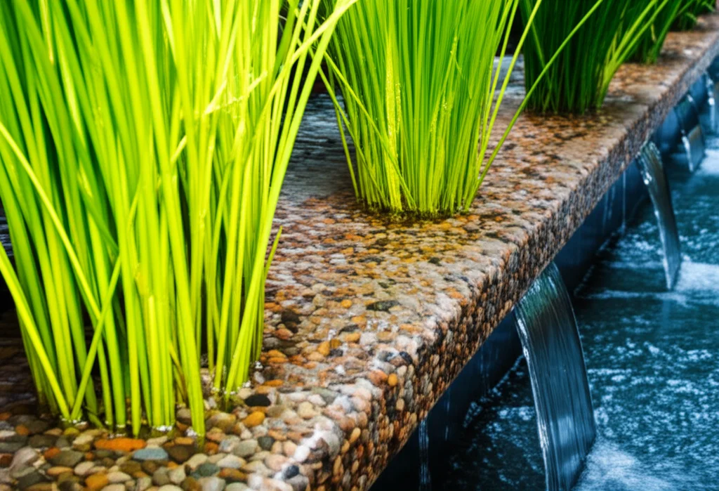 Close-up of a natural pool filtration system, showcasing gravel beds and thriving aquatic plants, filtering water with a